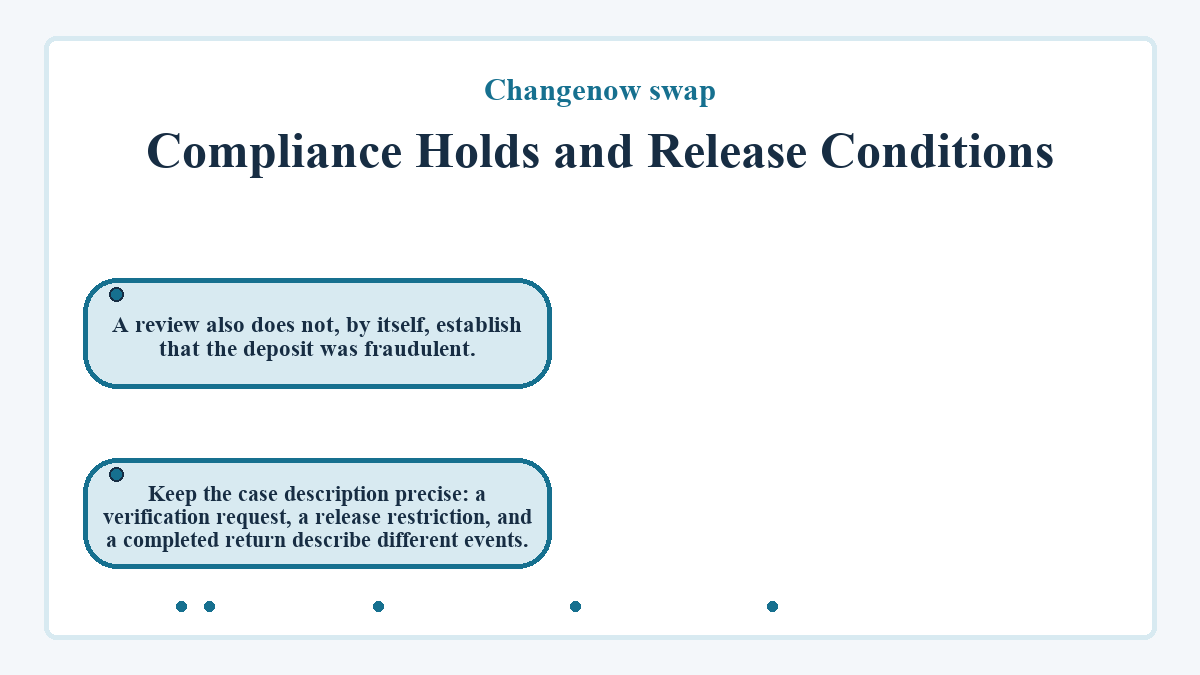 Compliance Holds and Release Conditions: A review also does not, by itself, establish that the deposit was fraudulent.; Keep the case description precise: a verification request, a release restriction, and a completed return describe different events.