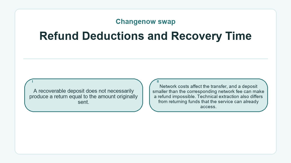 Refund Deductions and Recovery Time: A recoverable deposit does not necessarily produce a return equal to the amount originally sent.; Network costs affect the transfer, and a deposit smaller than the corresponding network fee can make a refund impossible. Technical extraction also differs from returning funds that the service can already access.
