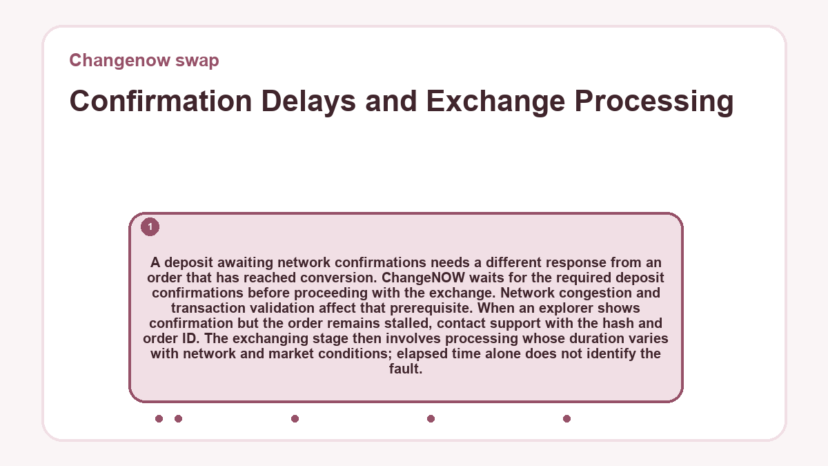 Confirmation Delays and Exchange Processing: A deposit awaiting network confirmations needs a different response from an order that has reached conversion. ChangeNOW waits for the required deposit confirmations before proceeding with the exchange. Network congestion and transaction validation affect that prerequisite. When an explorer shows confirmation but the order remains stalled, contact support with the hash and order ID. The exchanging stage then involves processing whose duration varies with network and market conditions; elapsed time alone does not identify the fault.